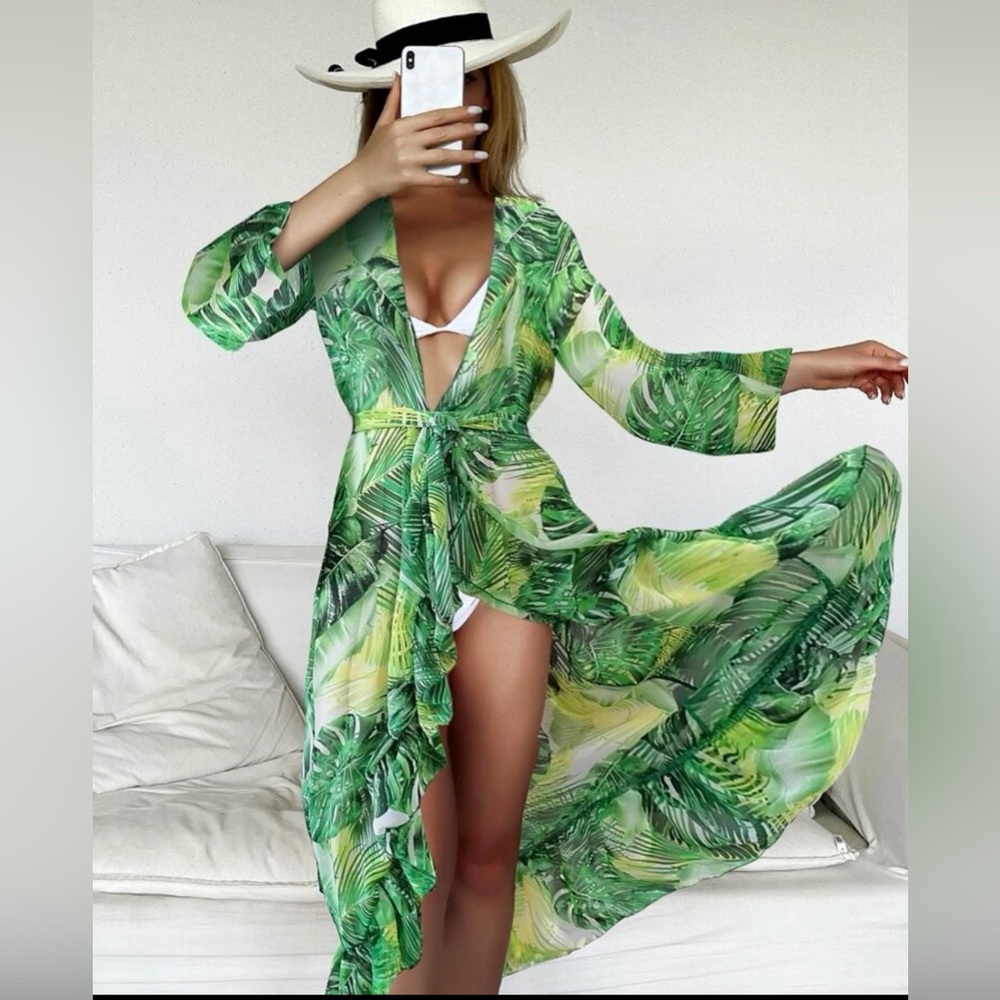 Tropical Print Belted Kimono Swimsuit Cover